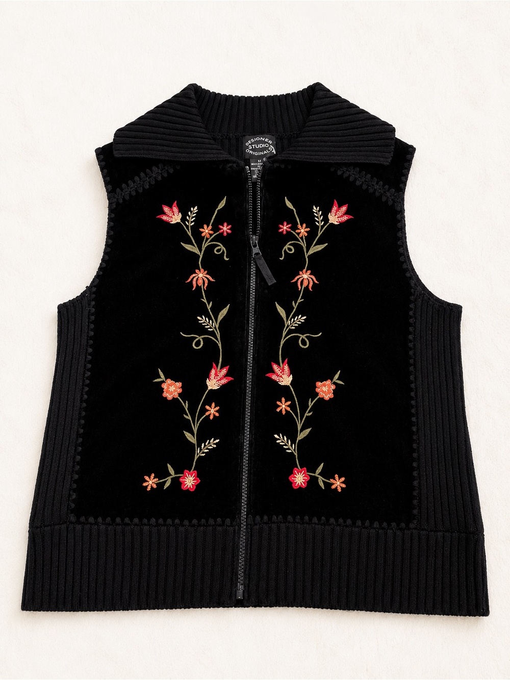 Vintage Black Suede Leather Embroidered Vest Boho Western Y2K